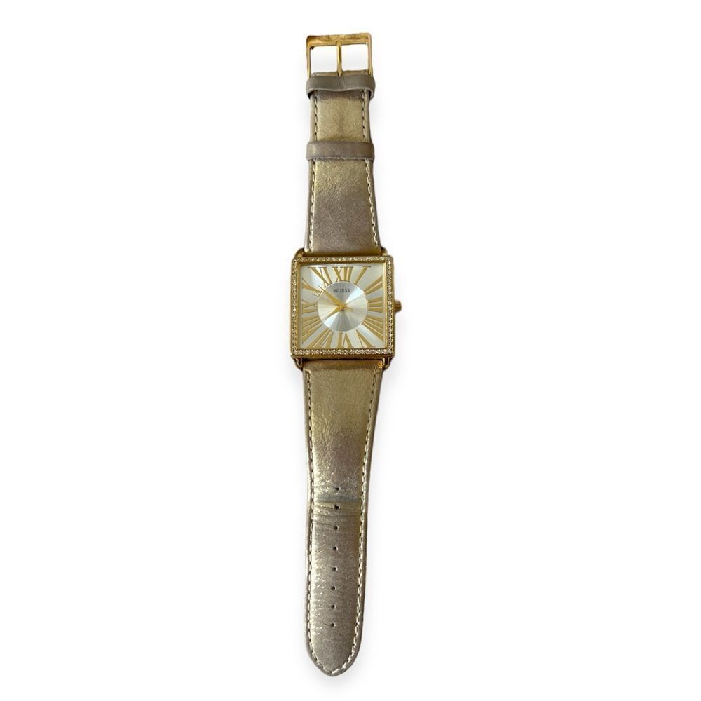 Guess Gold and Crystal Square Face Leather Watch